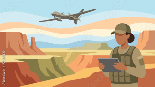 Military Operator Controlling a Surveillance Drone Over Desert