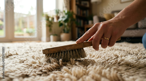 Hand brushing a shaggy beige carpet.