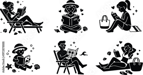 Black and white beach reading vector art with six people relaxing and reading books or newspapers