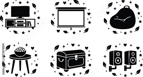 Black and white icons of television cabinet popcorn table chest and speakers