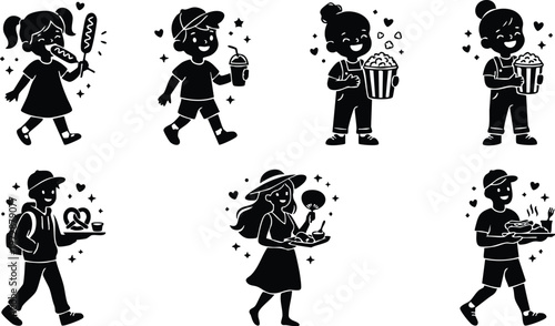 Black and white vector art children eating snacks and food walking