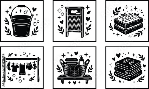 Black and white line art laundry basket soap bucket washboard illustrations