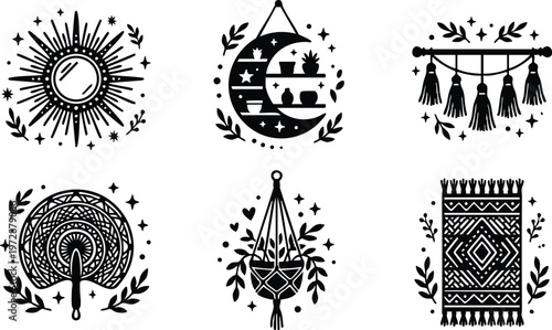 Black and white boho sun moon shelf tassel fan macrame and rug vector art set