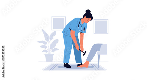 Doctor checking patient's knee reflex with reflex hammer in clinic