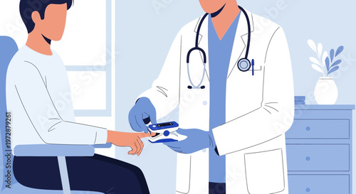 Doctor checking patient's oxygen saturation with pulse oximeter in clinic