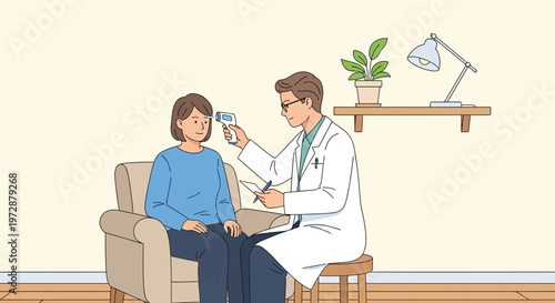 Doctor checking patient's temperature with infrared thermometer during medical examination