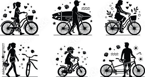 People riding and walking with bicycles and surfboard illustrations
