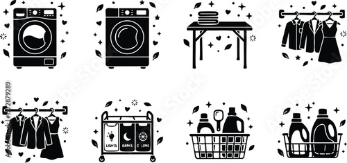 Black and white laundry machine detergent basket and clothes hanging vector art set
