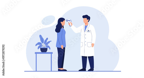 Doctor checking patient's temperature with infrared thermometer, health checkup concept