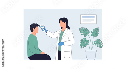 Doctor checking patient's temperature with infrared thermometer in clinic, healthcare concept