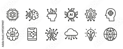Artificial Intelligence and Machine Learning Line Icon Set