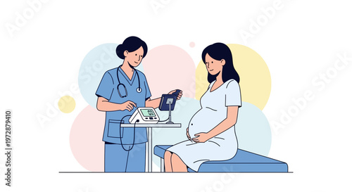 Doctor checks pregnant woman's blood pressure during prenatal checkup, healthcare concept