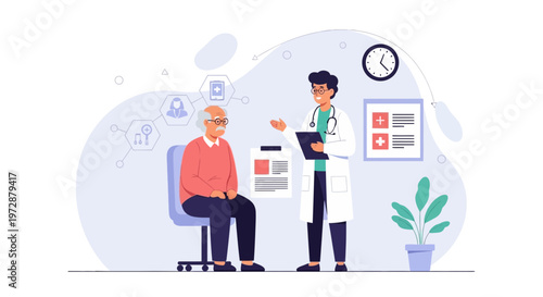 Doctor consulting elderly patient in clinic, discussing medical results, healthcare concept