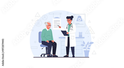 Doctor consulting elderly patient in clinic, medical check-up, healthcare concept