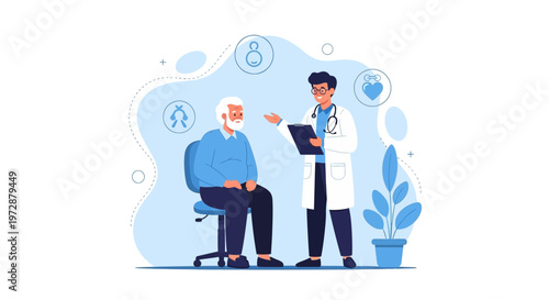 Doctor consulting elderly patient, healthcare, medical checkup, doctor's visit, senior man