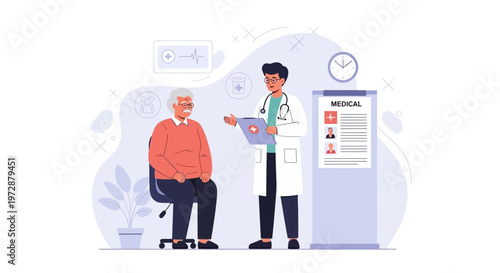 Doctor consulting elderly patient in modern clinic, healthcare concept illustration