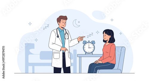 Doctor consulting patient about sleep disorder, alarm clock and moon in background