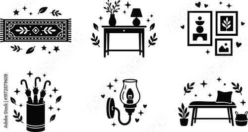 Home decor elements with rug table lamp umbrella and bench