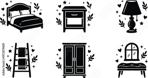 Black and white cozy bedroom furniture icons with bed lamp and wardrobe