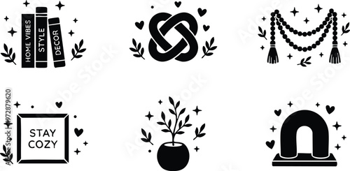 Black and white vector icons with home vibes books heart knot wreath and stay cozy frame