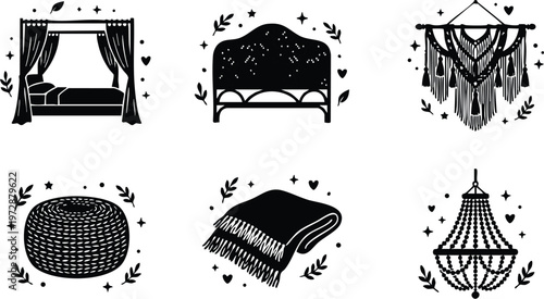 Black and white vector art set of cozy bedroom furniture and decorations