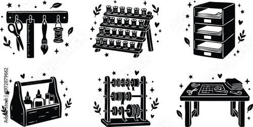 Black and white vector art sewing tools organizer set with scissors ribbons bottles and fabric table