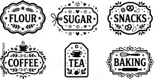 Black and white vintage style flour sugar snacks coffee tea and baking labels vector art