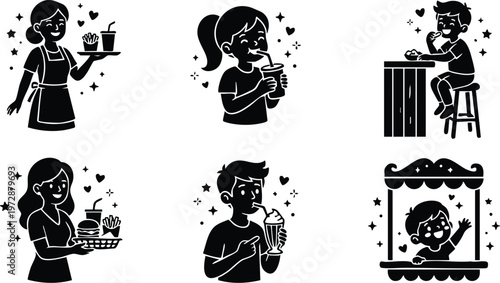 Children eating and waitresses serving fast food