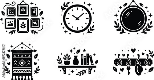 Black and white home decor icons with clock mirror shelf and wall hangings