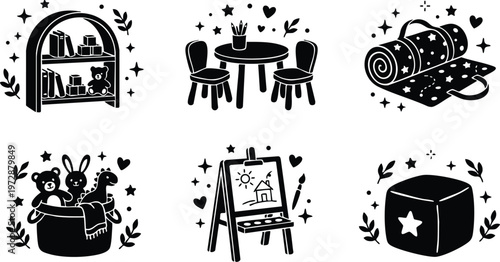 Black and white kids playroom shelf table easel and toys vector art