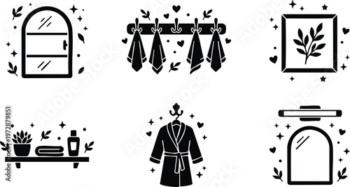 Black and white spa icons featuring window rack framed leaves bathrobe and perfume bottle