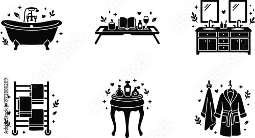 Black and white bathroom set with bathtub vanity towels and bathrobe vector art