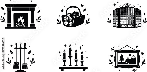 Black and white fireplace firewood tools candles and framed landscape vector art