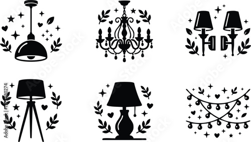Various decorative lamps and string lights with leaves and stars