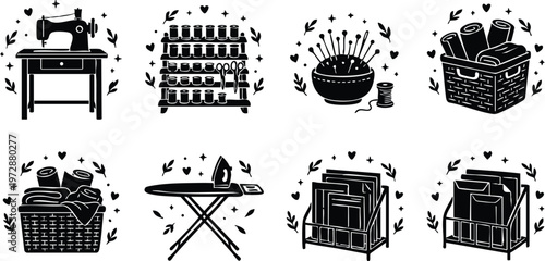 Black and white flat line art sewing kit icons with basket and needles