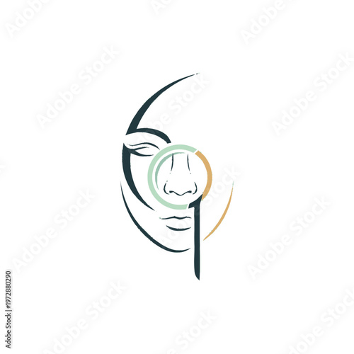Abstract Face with Magnifying Glass Focusing on Nose.