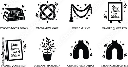 Black and white stacked books decorative knot framed quote signs and ceramic arch objects vector art