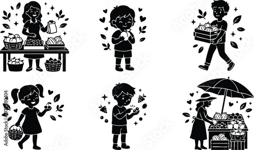 Children and women buying and carrying fruits at market stalls