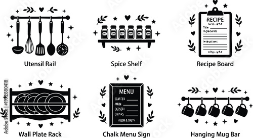 Black and white kitchen organization icons with utensil rail spice shelf recipe board and chalk menu sign