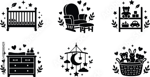 Black and white nursery furniture and toys vector art set with crib rocking chair mobile and basket