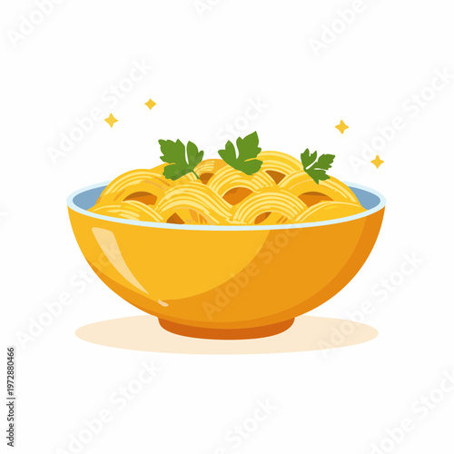 Colorful illustration of macaroni and cheese in bowl with parsley