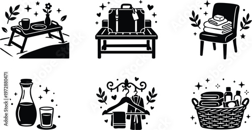 Breakfast tray luggage chair towels robe and basket