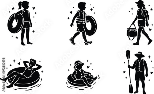 Black and white silhouette kids and adults with inner tubes and kayaking gear