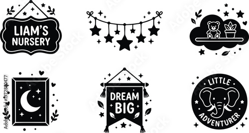 Black and white nursery wall decorations with stars moon and adorable elephant