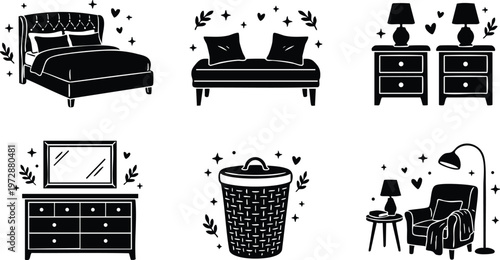 Black and white vector line art bedroom furniture set bed sofa nightstands dresser basket and armchair