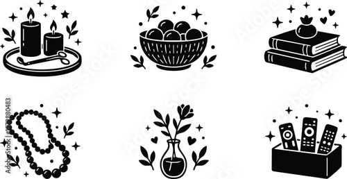 Black and white flat design icons of candles bowl books necklace vase and remote controls