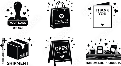 Black and white icons of shipment stamp thank you bag card open sign and handmade products flat design
