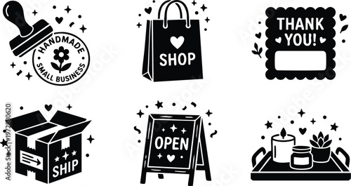 Shop bag open sign thank you note and shipping box icons