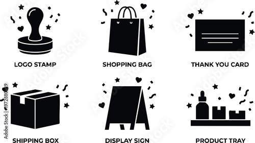 Black silhouette icons of logo stamp shopping bag thank you card shipping box display sign and product tray