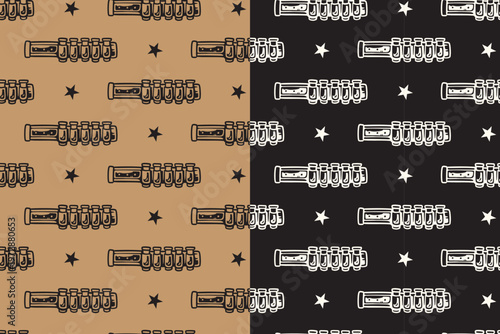 Ammo belt with star retro seamless pattern on tan black background set for cowboy. Bullet cartridge belt hand drawn pattern background for western. Bandolier vintage motif wallpaper for wild west